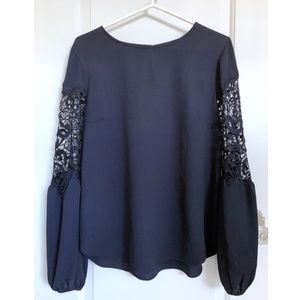 Ann Taylor Dark Navy Blouse with Balloon Sleeves and Decorative Cutouts, Small